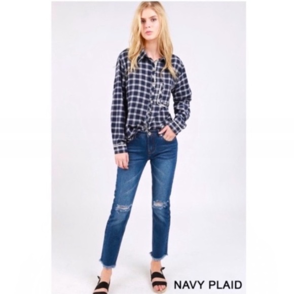 #3600 POL Comfy Navy Plaid Top With Crochet Lace - Picture 9 of 16